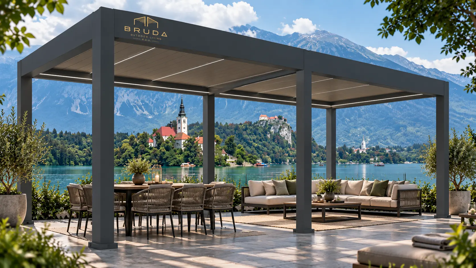 Premium motorised BRUDA B10 bioclimatic pergola by Lake Bled with the official BRUDA logo