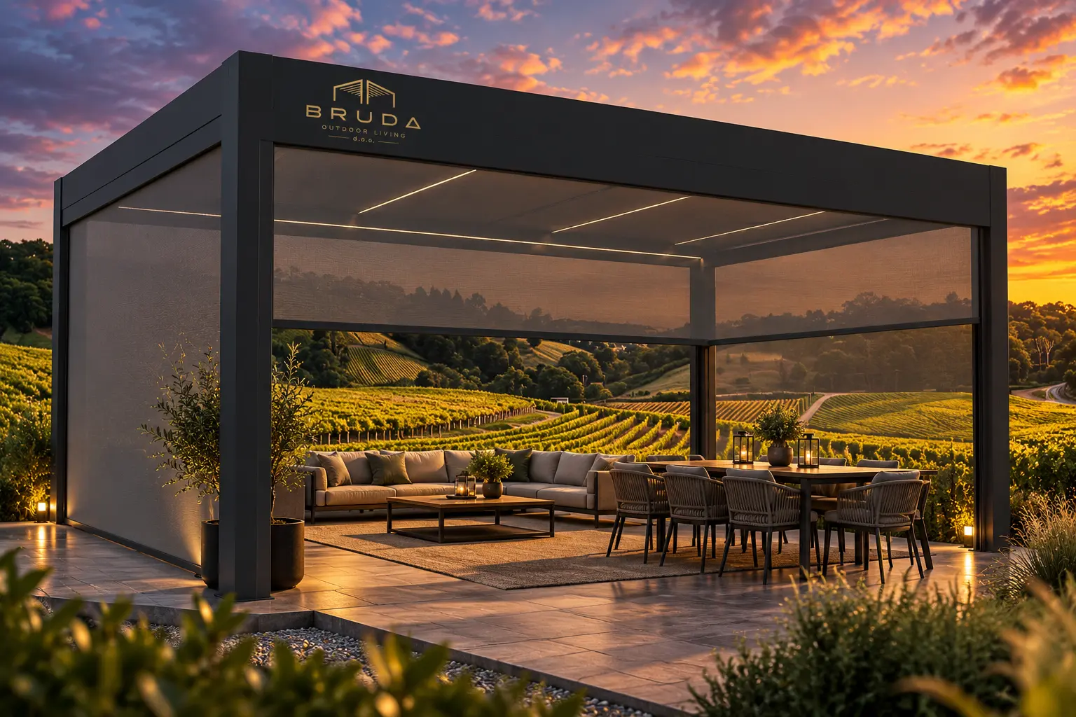 BRUDA ZIP Screen on a BRUDA bioclimatic pergola in a wine-growing landscape