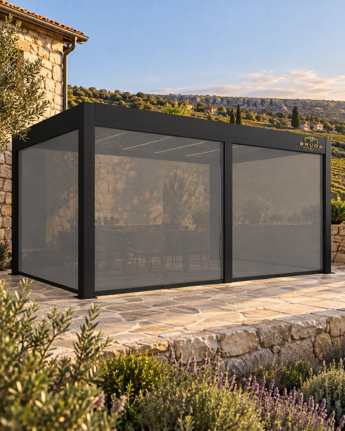 BRUDA ZIP Screen on a pergola in a Karst setting